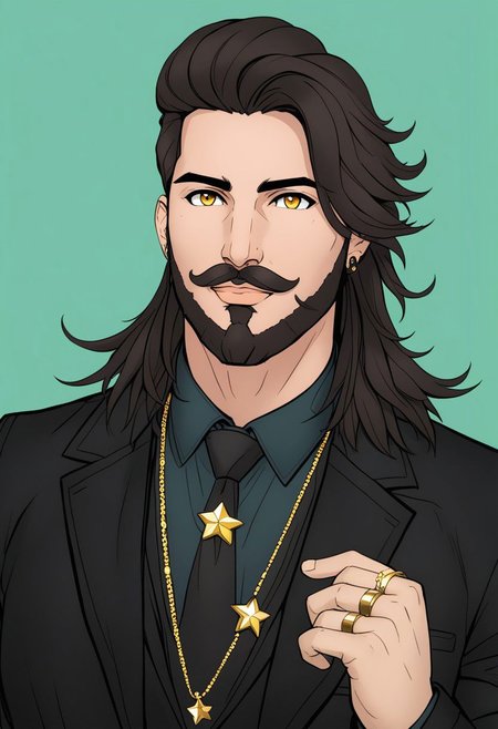 Duskfallcrew Art Style,  solo,  long hair,  looking at viewer,  smile,  simple background,  shirt,  black hair,  1boy,  brown eyes,  jewelry,  jacket,  yellow eyes,  upper body,  male focus,  necktie,  hand up,  necklace,  star (symbol),  vest,  black jacket,  facial hair,  ring,  beard,  green background,  cropped torso,  mustache, cyberpunk, soft lighting,  best illustration,  cinematic angle, cinematic lighting, masterpiece,  official art,