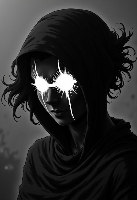 Shrouded Silhouette, White glowing cyclops, one-eyed, M100-style, Closeup Portrait of a woman with No Face and eye-trail, billowing Hair, and billowing Cape, very detailed analog photo, Atmospheric lighting