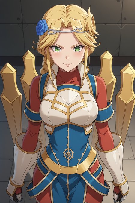 score_9, score_8_up, score_7_up, source anime, prefect lighting, very aesthetic, BREAK, anime screencap, anime coloring,
<lora:lakyus_overlord_v1-pdv6:0.9>, 1girl, lakyus alvein dale aindra, overlord \(maruyama\), blonde hair, green eyes,
lakyusout1, braid, blue flower, hair flower, hair ornament, armor, gloves, gauntlets, white footwear, boots,
BREAK, blush, light smile, looking at viewer, cowboy shot, 
BREAK,