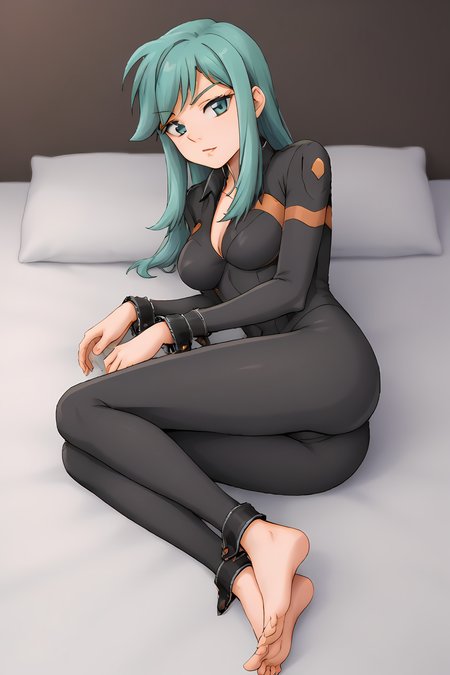 (black bodysuit wrist cuffs:1.60), cra-billy, green eyes, eyeliner, green hair, bangs, swept bangs, long hair, sidelocks, 
medium breasts, 1girl, solo, skinny, (source_anime, score_9, score_8_up, score_8, score_7_up), score_7, score_6_up, score_6, score_5_up, score_5, 
(horny:1.10),
(indoors:1.10),
(on side:1.40), (feet:1.10),
<lora:cra-billy-V04-000003:1.00>