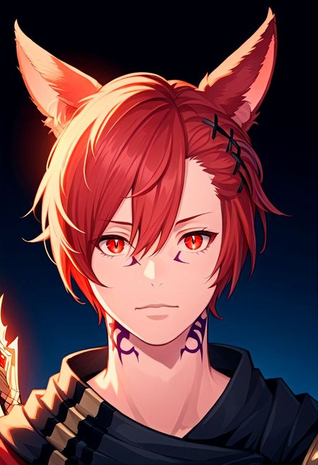 grahatiaffxivdsk, 1boy, male focus, solo, animal ears, red eyes, red hair, tattoo, miqo'te, neck tattoo, cat ears, looking at viewer, hair between eyes, facial mark, hair ornament, x hair ornament, bangs, holding, glowing, slit pupils, braid, short hair, portrait, jewelry, short ponytail, cinematic angle, cinematic lighting, best anatomy, official art, masterpiece, best quality