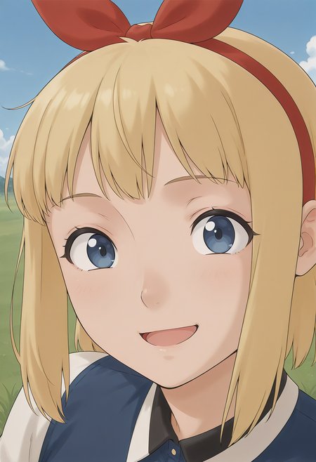 phoebe_oakley, blue eyes, blonde hair, short hair, red hairband, red bow, white shirt, blue dress, <lora:phoebe_oakley_illustrious_ver2:0.8> 
smile,, masterpiece, best quality, sensitive,, 1girl, solo, blue sky, (grasslands:1.2), looking at viewer,, (upper body:1.2), (close-up:1.2), (facing viewer:1.2), (open eyes:1.4), (portrait:1.2)