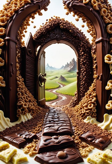 a gate made of melted chocolate and cereals by Jed-ChocoC, its the entrance to the land of milk and honey, behind the gate is a open path into a fantasy chocolate landscape <lora:last:0.7> <lora:SDXLFaeTastic2400:0.7>