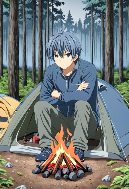 high resolution, solo, best quality, 1Boy, Tomoya Okazaki, Grey Blue Hair, forest, camping, OverallDetail