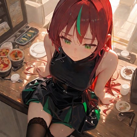 masterpiece, best quality, amazing quality, very aesthetic, absurdres, soft light, vibrant colors, ((from above)),
1 girl, Red hair ((green highlights)), green eyes,black dress, black stockings, (kedama_milk:0.3),(agwing86:0.91),(ciloranko:0.5),(as109:0.3), (rhasta:0.6)(tianliang duohe fangdongye:0.68574961),(nekoda \(maoda\):0.9) ,(wlop:0.3),year2023, year2024, sitting down, leaning over table, looking down, sad, restaurant