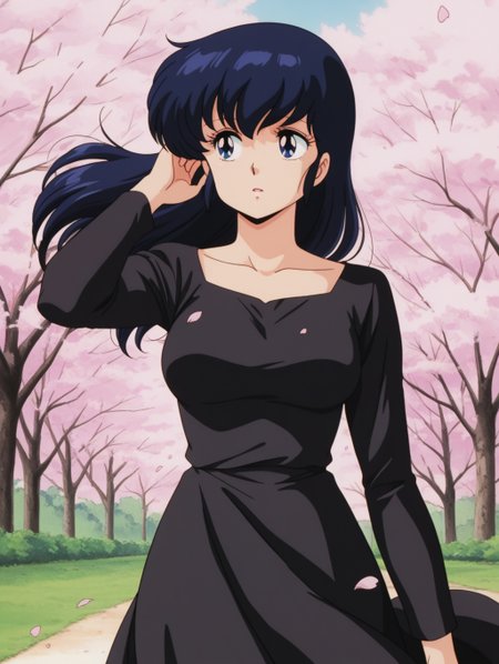 masterpiece, best quality, amazing quality, detailed background, perfect eyes, anime coloring, anime screenshot, 1980s \(style\), 1girl, solo, mature female, otonashi kyouko, black hair, long hair, blue eyes, medium breasts, black dress, long sleeves, collarbone, looking to the side, (outdoors, cherry blossoms, petals, wind, floating hair, hand in own hair, floating clothes)