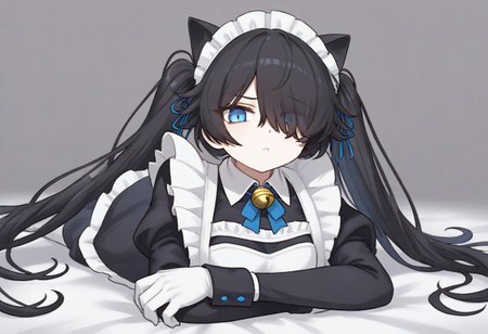 (Maid-kasli), solo, white gloves, dress, hair over one eye, maid apron, blue eyes, twintails, cat ears, maid headdress, maid, gloves, 1girl, apron, juliet sleeves, long sleeves, long hair, black hair, animal ears, bell,(Fall down),