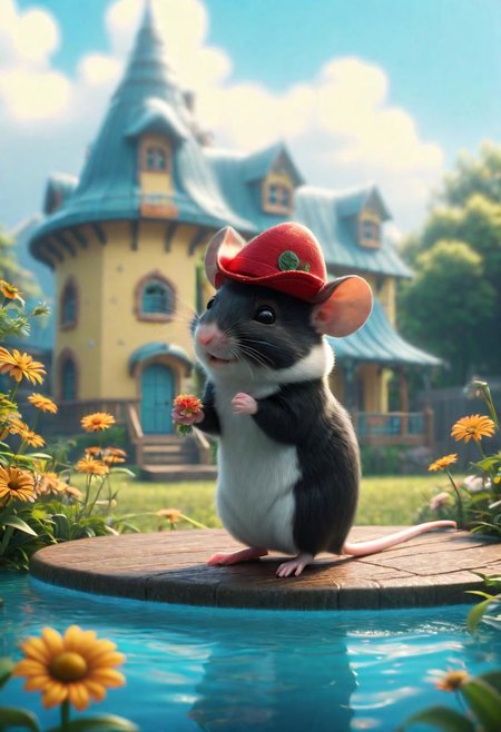 ral-fluff,<lora:ral-fluff:1>,
chibi,masterpiece,best quality,original,official art,black metallic fantasy mice,hat,flower,blurred background,rendering,beautiful detailed glow,(detailed ice),beautiful detailed water,sunny, blurred flower, happy, stand in Front of a House made of cheese