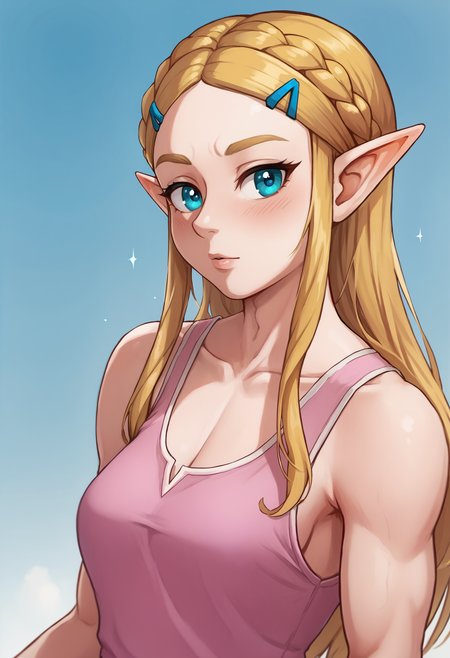 score_9, score_7_up, <lora:PANCO-guy-PONY-DORAv1:1>, 1girl, solo, tank top, princess zelda