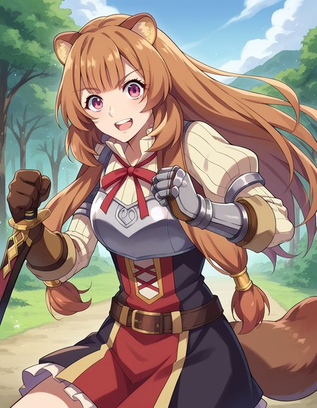 score_9, score_8_up, score_7_up, source_anime,
raphtalia, <lora:raphtalia-ponyxl-lora-nochekaiser:1>,
raphtalia, long hair, bangs, brown hair, animal ears, raccoon ears, raccoon tail, raccoon girl, pink eyes, smile,
long sleeves, sweater, ribbed sweater, puffy sleeves, breastplate, ribbon, red ribbon, gauntlets, glove, brown gloves, belt, skirt, armor,
outdoors, forest, nature, sword, weapon, holding weapon, fighting stance, shouting,
looking at viewer, cowboy shot, dutch angle, dynamic pose,