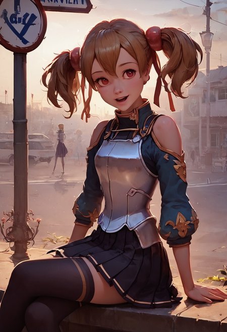 score_9, score_8_up, score_7_up, 1girl, silica, solo, skirt, brown hair, open mouth, red eyes, thighhighs, breastplate, twintails, white background, black skirt, pleated skirt, armor, smile, ribbon, skirt, thighhighs, breastplate, black skirt, pleated skirt, armor,, black thighhighs, rminiskirt, bus stop, public place nighttime vibrant lighting, street lights, high contrast, dramatic shadows, highly detailed, detailed skin, depth of field, tilted angle, moody lighting, exy pose,professional lighting, perfect quality, high quality, photorealistic, sitting, (((supermodel))),((goddess))