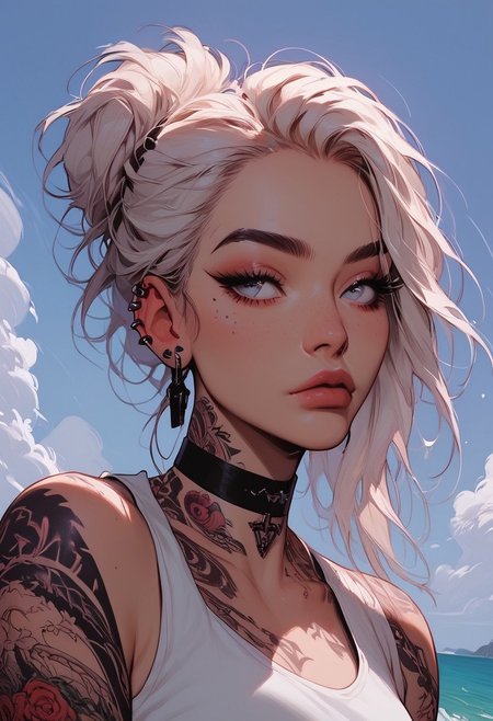 Score_9, Score8_up, Score_7_up, (((High Resolution, Best Quality))), 
1girl, solo, Covered in Tattoos, her hand on her head, brushing hair behind ear, 
Tanktop, cutoff, choker, 
On a Cliff overlooking a beach, Cloudy Sky,