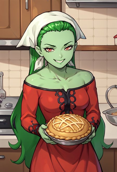 score_9, score_7_up, 1girl, looking at viewer, holding pie, skirt hold, grin, <lora:zs_SilkyXL:1> silkysmt, green hair, long hair, green skin, colored skin, head scarf, red dress, medium breasts, kitchen