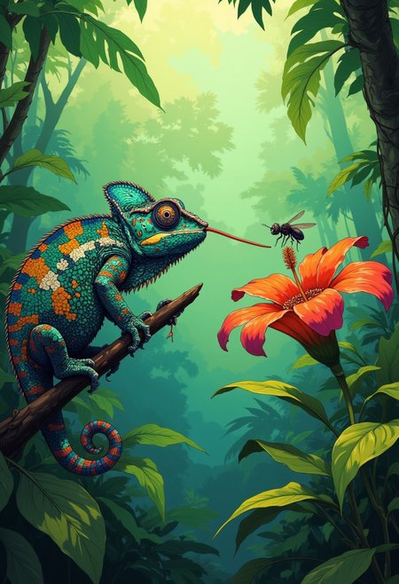 a vibrant chameleon perched on top of a stick, extending its long tongue toward a fly. The fly is sitting on a brightly colored flower positioned almost the full length of the chameleon’s body away. Surround the scene with a lush green jungle backdrop, softly illuminated by sunlight filtering through the trees. Highlight the intricate details of the chameleon’s patterned skin, the vivid petals of the flower, and the small, detailed fly. DB4RZ, DB4RZ style painting, in the style of cksc, anime, cyberpunk