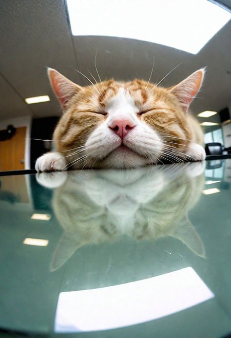 cat sleeping on glass table, from below, fisheye lens