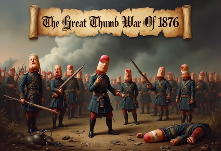 A dark and ominous painting depicting a great battle scene. The soldiers are anthropomorphic thumbs dressed in detailed military uniforms, some of them showing signs of injury with bandages and blood. The battlefield is chaotic with smoke, debris, and fallen thumb soldiers. The sky is overcast with dark clouds, adding to the grim atmosphere. At the top of the painting, there is an aged, tattered scroll with elegant calligraphy that reads "The Great Thumb War Of 1876".