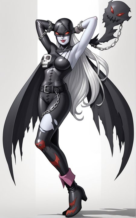 score_9, score_8_up, score_7_up, watson cross, looking at viewer, arms behind head, full body, shadow, halftone background, shoes, depth of field, solo,  <lora:PONYXL_Digimon_LadyDevimon_ownwaifu:1>, BREAK PONYXL_Digimon_LadyDevimon_ownwaifu, mask, 1girl, digimon (creature), red eyes, colored skin, white hair, long hair, stitches, demon girl, helmet, large breasts, asymmetrical clothes, chained, claws, cuffs, bodysuit, shackles, belt, wings, chain, broken chain, glowing eyes, skull print, black bodysuit, gloves, lipstick, chain necklace, cape, makeup, pale skin, skull, torn wings, leash, spikes, black wings, black belt, cleavage, vampire, black gloves, buckle, elbow gloves, red lips, angel wings, impossible clothes, single glove, skin tight,  asymmetrical legwear, collarbone, demon wings, gauntlets, very long hair,<lora:add-detail-xl:0.15>,