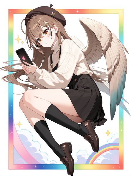 1girl, nanashi mumei, 
cinematic lighting, parted lips, light blush, expressionless, curious, solo, lying, on side, face close-up, looking at phone, holding phone, white turtleneck sweater, black beret, black skirt, brown loafers, cotton sweater, white wings, black socks, white background, simple background, sparkle, heart, star, clouds, rainbow, colorful border, iridescent border, cloudy border, dynamic pose, black footwear, multicolored eyes, shoes, phone, sweater, tassel, turtleneck, feathered wings, looking at object, skirt, long sleeves, wing, border, virtual youtuber, alternate costume, brown hair, white sweater, holding, short hair, socks,
she is wearing a black dress with colorful patterns on it and has a pair of wings on her back. the wings are spread out behind her, covering her head and shoulders. she has long white feathers that are attached to her body. the background is filled with stars and sparkles, giving the image a magical and whimsical feel. in front of the girl, there is a pink phone case with a cartoon character on it. the overall mood of the image is playful and dreamlike.
masterpiece, best quality
