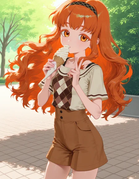 ,1girl,
snmyrnrn ,shinomiya rinrin, pretty series, orange eyes, orange  hair,long hair  ,  small breasts,
, looking at viewer, outdoors , day, hairband, argyle, shirt, shorts,v
BREAK,petite,orange thick eyelashes, holding ice cream, soft serve ice cream,
<lora:dmd2_sdxl_4step:1> masterpiece, best quality, newest, absurdres,  safe, (text:-1.0)
<lora:rinrin_r1-000022:1> <lora:nyalia_NoobXL:0.7>