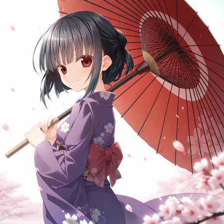<lora:Sakura_no_Toki_art_n16c16_nai_Loha:1.6>,Sakura no Toki art,
<lora:Miyabi_Asahina_1_nai:0.8>,Miyabi Asahina,black hair,short hair,purple kimono,long sleeves,red bow,floral print,obi,
1girl,solo,holding umbrella,oil-paper umbrella,from_side,looking at viewer,depth of field,lens_flare,smile,simple background,cherry blossoms,falling petals,wind,