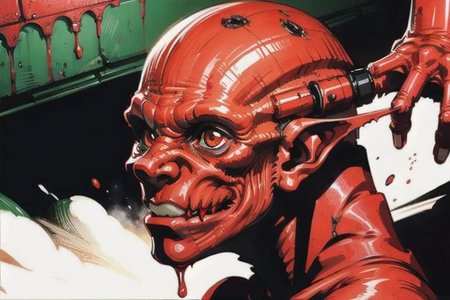 deformed goblin monster, detailed face, red blood artistic splatter.