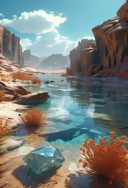 (ultra high res:1.4), (masterpiece), (beautiful lighting:1.4) , shattered plains, desert  landscape, sand Mountains,desert plants,  sunlight setting illuminates the crystal-clear water oasis  (deep underwater), anime, half above water and half below water, (clear underwater), beautiful sky with clouds and smoke, desert animals and water creatures, depth