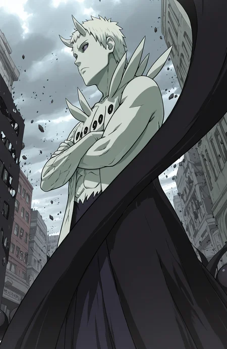 shadow_barrier, bored, in ball, crossed arms, from side, from below, street, protest, flying debris, city, cloudy, destroyed, r50_ob1t0, rinnegan, sharingan, 
masterpiece, best quality,
<lora:Juubito_X6E13:1.0>