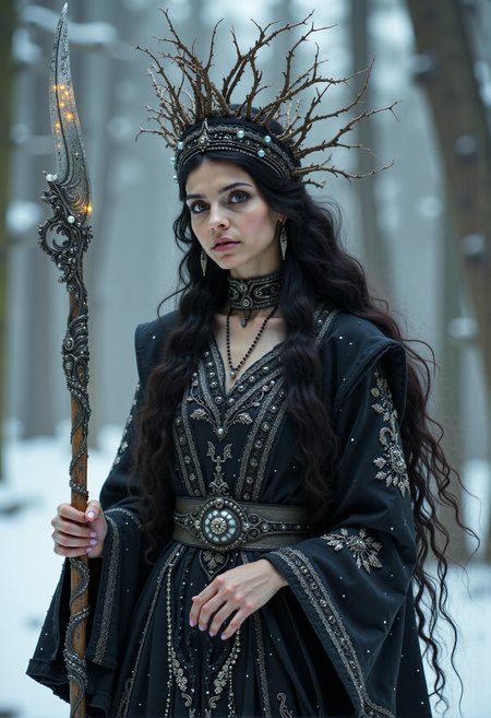 Depict the Slavic goddess Mara (Morana) in full height. Her image should be majestic and mysterious, with an emphasis on the details of her clothing. She is wearing a long dress in the traditional Slavic style, made of delicate black fabric. The dress is adorned with intricate embroidered silver patterns inspired by Slavic ornaments: geometric shapes. The sleeves of the dress are wide with narrow cuffs, and a belt accentuates her slender silhouette. On her head, she wears a traditional kokoshnik, decorated with silver and black beads. In her hands, she holds a reaping hook with a curved blade, gleaming like ice—a symbol of withering and rebirth. Mara's hair is long, black, flowing freely over her shoulders, intertwined with elements of her clothing. The overall background is a winter landscape: a snowy forest, mist, and a faint frosty glimmer. The style is mythological, with elements of Slavic folklore, and the atmosphere is cold yet mesmerizing.