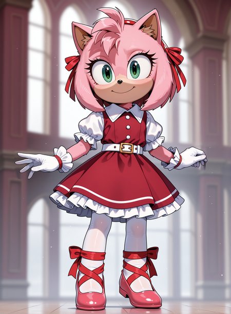 1girl, solo, full body, no humans, furry, blurry background, 
<lora:Movie-Amy_v3:1> movieamy, petite, short legs, happy, smile, short, pink fur,
red hairband, red dress, puffy short sleeves, white sleeves, white frills, frilled dress, frilled sleeves, frilled gloves, collared dress, white gloves, white belt, white pantyhose, red ballet slippers, ballet slippers, footwear ribbon, wrist ribbon, red ribbon, leg ribbon,
white pantyhose, fine fabric emphasis, extremely detailed, highres, masterpiece, best quality