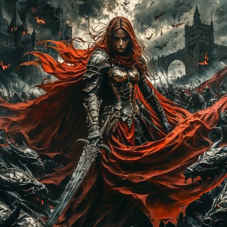 shamanqua beautiful warrior in a scarlet cloak with a sword on the battlefield with dark knights around, expressive, very detailed, cinematic<lora:shamanqua:1>