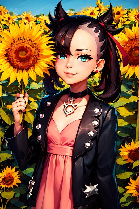score_9, score_8_up, score_8, medium breasts, (curvy), cute, eyelashes,       BREAK, , BREAK, zzMarnie, aqua eyes, black choker, black hair, red ribbon, pink dress, jewelry, black jacket, open clothes, long sleeves, <lora:MarnieP3:0.8>,, zzSunflower, upper body, outdoors, hand up, portrait, one eye covered, yellow flower, holding flower, <lora:Sunflower_PDXL_v2:0.8>,  <lora:CatalystStylePDXL:0.8>, , BREAK,  smile, looking at viewer, cowboy shot,  embedding:zPDXL, Expressiveh, <lora:SDXLFaeTastic2400:0.5>,  <lora:Expressive_H-000001:0.4>,