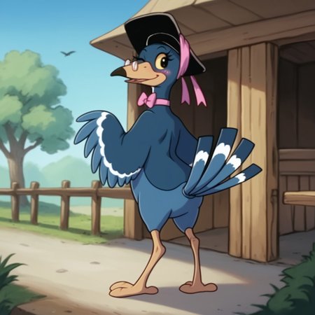score_9, score_8_up, score_7_up, score_6_up, score_5_up, score_4_up, source_furry, Magpiebbv2, semi-anthro, female, bird, blue feathers, yellow beak, hat, glasses, black eyes, yellow sclera, standing, from behind, tailed tail, looking back, wink, blush, outside