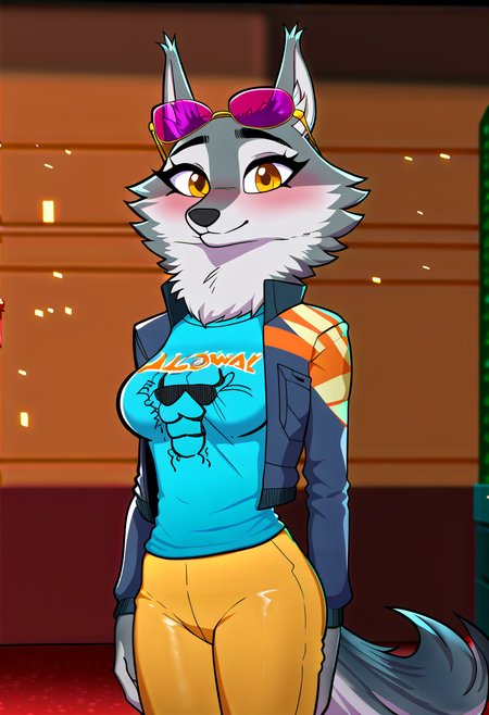 zPDXL, score_9,score_8_up,score_7_up,_up, best quality, amazing quality, masterpiece, 1girl, looking at viewer, solo, fullbody, cute, blush, tight cloth, blush, close, upper body, porsha, yellow eyes, white-blue fur, wolf girl, wolf ears, wolf tail, blue t-shirt, lion head print calloway t-shirt, jacket, yellow pants, sneakers, sunglasses, eyewear on head, purple eyewear, <lora:PorshaUPDATED:0.8> indoors, stage, party lights, contour_deepening, depth of field, huge filesize,large breasts, blurry background,  shadik, <lora:Shadik:1>, Expressiveh, good_hands, <lora:Expressive_H:0.8>, <lora:Detail_Slider_v1.4_iteration_3:4>, <lora:pony_good_hands:0.8>
