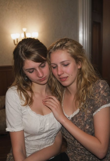 Dark lighting and intimate atmosphere. Sensual and turned on by each other. Drinking sacrament wine.  More drunk. One woman has large breasts.Hyper realistic. More drunk and wasted. Two Mormon sister missionaries getting drunk in their apartment after a long day proselyting. They are obviously visibly very intoxicated.  Leaning together lovingly. Very drunk eyes. Very drunk sultry eye contact. more drunk expression. Disheveled hair. (((Falling, tripping, staggering, dizzy, sleepy))). (((blackout drunk))).Realistic skin. Film grain. Typical lighting wearing a nice modern dress. (((20 year old Mormon Temple square sister  missionary))). Her hair is very disheveled. She drank a lot of tequila(((heavily lidded, drunk eyes))) incoherent, and completely hammered.
 (((incoherent, wasted))) very  drunk. realistic photo.{{{increasingly wasted}}} after having way too much to drink.  (((falling down))) drunken expression. cinematic lighting. (((Flirting))). Soft contented smile. She's completely wasted and wants to have sex tonight.