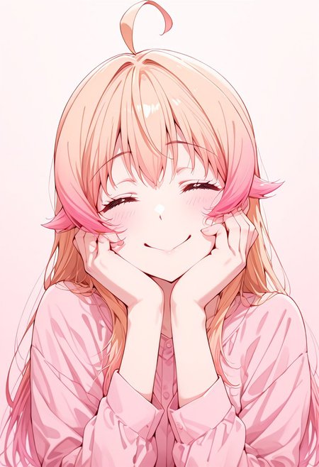 (masterpiece, best quality, newest, absurdres, highres),(anime coloring), 1girl, nico wakatsuki (witch watch), long hair, blonde hair, pink hair, gradient hair, hair flaps, ahoge, purple eyescloseup, upperbody only, hands on cheeks, sweet smile, satisfied, blissful, headtilt, plain background, gradient background, cute colors,