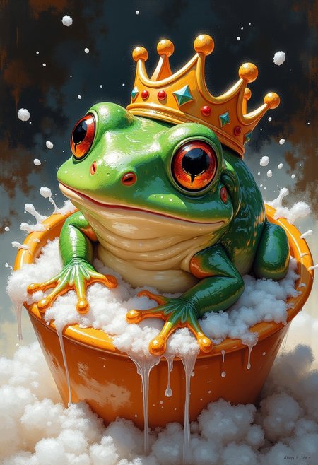 In a tub of steamily sudsy succor lounges diminutive amphibian sovereign garlanded regal circlet aflame amber lustre—a monarch of mirth, ruler of realms risotto. Tiny digits drum ruddy rhythms 'pon mountainous merengue caps insouciantly adorning verdant cranium. Brilliant button-eyes blinks blink blink, reflecting rainbow refractions prismatically prancing from pearlescent peak perched precarious, looming imminent collapse...
Ahhh, the exquisite essence of existence distilled, a moment of perfection immortalized in aqueous amber—that preternatural pause wherein joys untold commingle, coalesce in cellular consciousness, suffusing the soul with serenity seldom savored beyond boyhood borders.
ink art, thick painting, ink splash, ink painting, 
surreal, concept-art, fantasy, beautiful, painterly, detailed, textural, artistic, aesthetic, intricate details, highly detailed, vivid,  volumetric lighting, 
aidmaMJ6.1, inksplat