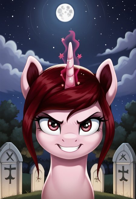score_9, score_8_up, score_7_up, score_6_up, score_5_up, score_4_up, my little pony, solo, pony, feral pony, unicorn, Rosa Maledicta, pale pink skin, burgundy mane, cemetery, night, moon, stars, magic horn, glowing eyes, angry, grin, smile, look at you, beautiful, detailed, detailed fur, beautiful, vector, flat colors, (beautiful long eyelashes), ((close-up)), high angle