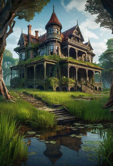 hd, 8k, masterpiece, award winning illustration  of an abandoned mansion covered with grass in a swamp, dungeons and dragons style, fantasy, group of adventurers outside, intricate details, heroic fantasy, spooky, fandist,