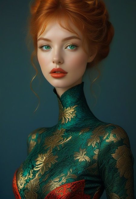 bellissima, 30 years old female as goddess of fire (slender, athletic), skin tight Green-red intricate brocade gown with a deep cleavage, golden bangles, a lot of loose golden anklets, (extreme intricate high heels), looking at viewer, open mouth, blue eyes, ginger long bun hair, teeth, lips, long black eyelashes, realistic, small nose, vibrant colors, erotic dynamic pose, full body view, RAW Photo, fashion magazine shot,