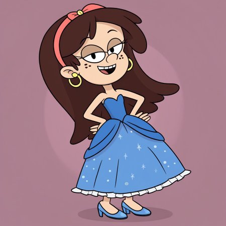 1 girl, solo, SidC, Freckles, Earrings, Hairband, very Long Hair, Dark Brown Hair, Very long large straight tulle blue princess ball gown hoop skirt, ball gown hoop skirt, blue princess dress, hoopdress, my big princess gypsy wedding dress, ballgown, a girl in a dress posing like a princess for a picture, wearing a sleeveless ballgown, looking at viewer