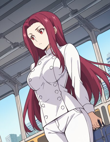 score_9, score_8_up, score_7_up, source_anime, <lora:ryouko-sakaki-s1-ponyxl-lora-nochekaiser:1>, ryouko sakaki,  long hair, red eyes, red hair, forehead, large breasts,, chef, pants, white pants,, train station, waiting for train, suitcase, traveling, commute, city skyline, hands behind back,, , , hand holding a pencil, solo,, cowboy shot, dutch angle