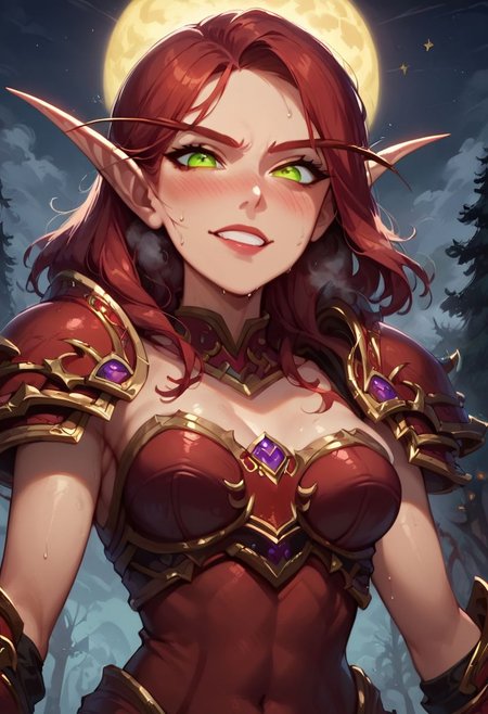 score_9, score_8_up, score_7_up, source anime, anime screencap, masterpiece, expressive eyes, perfect face, cinematic lighting, volumetric lighting, Expressiveh, blood elf from warcraft, red hair , green eyes, warcraft armor, blood elf armor, red armor boots with high heels, oiled skin, voluptuous, toned, dark theme, low light, solo,  musk, breath, steam, sweaty, sweating, ((blush)), small breasts,  smile,  dynamic pose, seductive pose, half-length photo,half-length portrait, angry, hate, frown, dislike, closed mouth,
outdoors, moon and stars, forest,