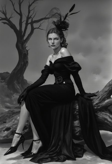 A high-fashion black-and-white illustration in vintage photography style of a poised woman seated on weathered driftwood. She wears a black velvet evening gown with an off-the-shoulder bodice, cinched waist, and structured pleated skirt. A black mesh veil drapes over her face from a netted fascinator adorned with a single glossy black rose. Her chiseled cheekbones, full lips, and veiled almond eyes create an enigmatic expression. Her sleek vintage waves frame her face with a soft sheen. She wears opera-length black satin gloves; her right hand rests gently on her lap, fingers slightly curled, while her left grazes the driftwood. Her pointed black satin heels with ankle straps reflect subtle light. The background features a soft gradient of deep grays fading into black, evoking classic studio photography. Behind her, a lone, leafless tree with twisted branches reaches upward, its silhouette stark and dramatic. Wisps of fog curl around the driftwood and tree roots, creating an ethereal atmosphere. A single black feather, delicate and weightless, drifts in the air, symbolizing fleeting beauty. The moody lighting casts sharp contrasts, enhancing the interplay of textures—smooth velvet, sheer veil, rough driftwood, and gnarled bark—heightening the scene’s cinematic elegance.