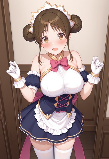 highres, best quality, masterpiece, indoors,
1girl, solo, pcrsuzume, brown hair, sidelocks, brown eyes, large breasts, hair bun, double bun,
szmedef, headdress, maid, blue dress, white bust, pink bow, bare shoulders, puffy short sleeves, maid apron, waist apron, frills, detached sleeves, white gloves, white thighhighs,
looking at viewer, blush, smile, open mouth, 
standing, hands up,
<lora:_suzume_pcr-elesico-ilxl:1>