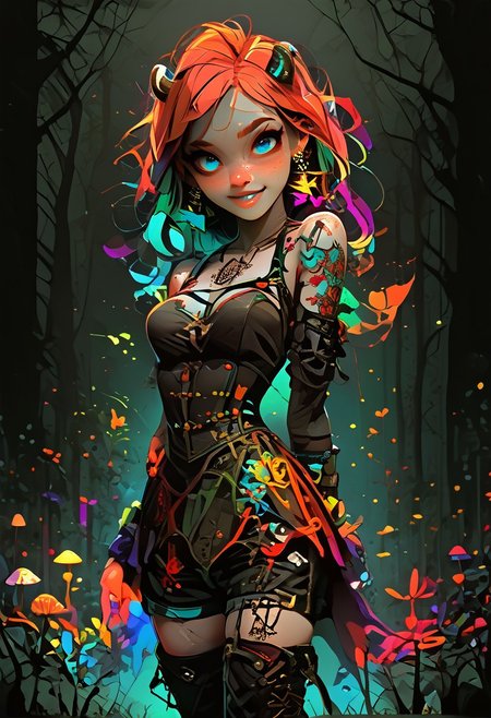score_9, score_8_up, score_7_up, FFDAC, A cute fain, beautiful face, (perky breasts:1.0), 1girl, solo, sexy body, beautiful face, faun, pale skin, pearlescent horns , blue eyes, colourful makeup, (freckles: 1.5), face freckles, (chest tattoos:1.5), (arm tattoos:1.5), long ginger hair, narrow waist, feminine hourglass body, Green leather gothic corset, pentagram earrings, chest harness, leather shorts, ankle boots, embroidered hooded cape, (no sleeves:1.2), bracelets, light blush, cheeky grin, detailed background, night, moonlight, gloomy forest brightly coloured flowers and mushrooms, volumetric lighting, vivid colors, exploring the forest, she's holding a glowing magical flower
