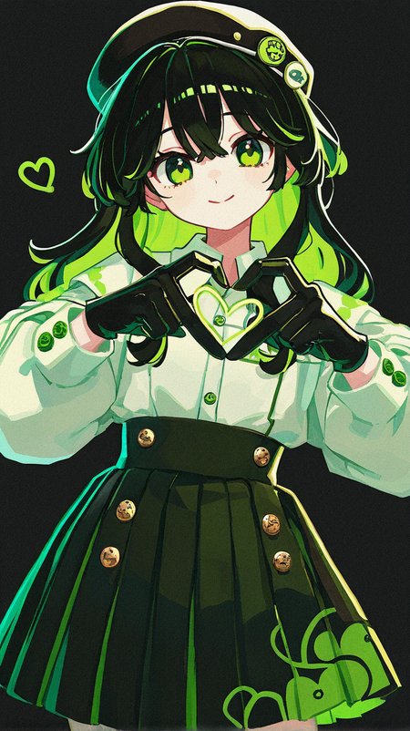 1girl, solo, long_hair, looking_at_viewer, smile, bangs, skirt, simple_background, shirt, black_hair, gloves, long_sleeves, hat, hair_between_eyes, closed_mouth, green_eyes, white_shirt, pink_hair, heart, multicolored_hair, cowboy_shot, pleated_skirt, green_hair, black_gloves, puffy_sleeves, collared_shirt, black_skirt, two-tone_hair, buttons, beret, black_background, green_skirt, puffy_long_sleeves, colored_inner_hair, heart_hands