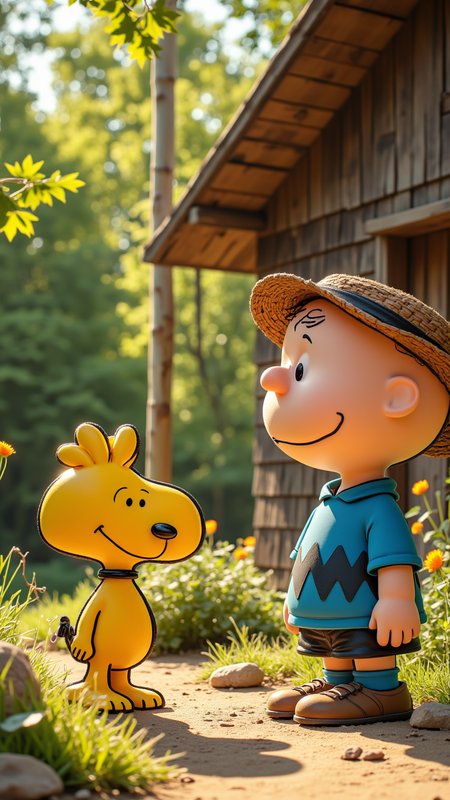 designed by Charles Schulz, Light Field Photography, Cinematic still of a ("The World of Past":1.3) , roots, Summer, comic strips, Peanuts, iconic characters, humor, insightful observations, comic book cover, emotional, aidmaMJ6.1, aidmaimageupgrader