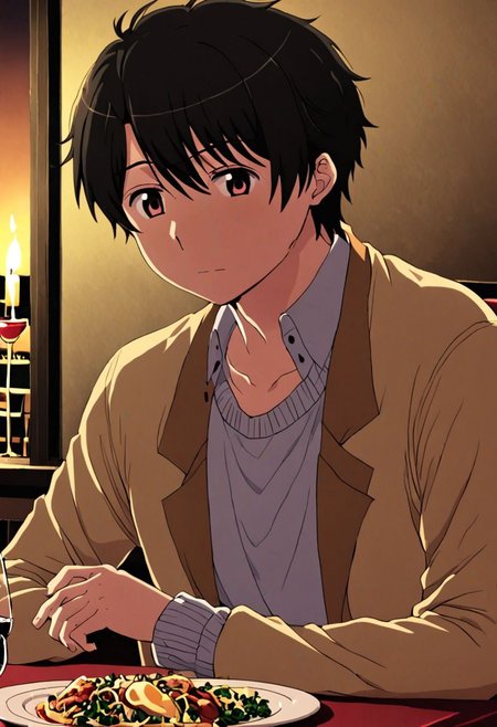 high resolution, solo, best quality, 1Boy, Inaho Kaizuka, Black Hair, dating, romantic, dinner, OverallDetail