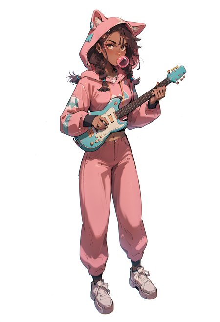 score_9, score_8_up, score_7_up,
<lora:VividCarnageV2:1> v1v1d,
1girl, solo, braid, twin braids, brown hair, guitar, hood, instrument, navel, full body, chewing gum, pants, long hair, dark-skinned female, midriff, dark skin, white background, brown eyes, shoes, hood up, bubble blowing, holding, simple background, animal hood, hoodie, crop top, standing, long sleeves, animal ears, white footwear, sleeves past wrists