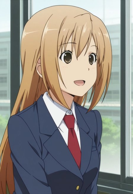masterpiece,best quality,amazing quality, minami haruka, light brown hair, long hair, brown eyes, solo, school uniform, open mouth, necktie, smile, 1girl, window, anime coloring, blazer, jacket